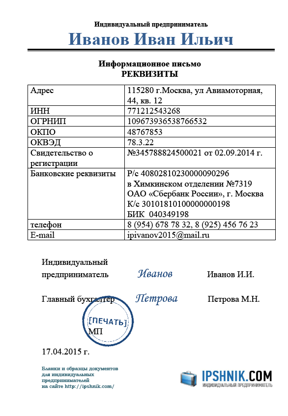 Оформление карточки индивидуального предпринимателя