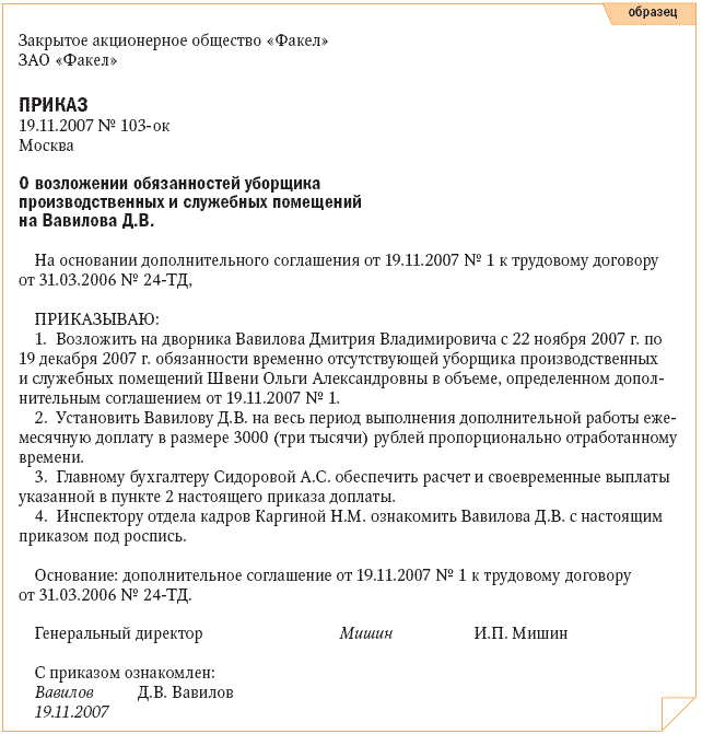 Дополнительное соглашение о возложении дополнительных обязанностей. бланк и образец 2023 года