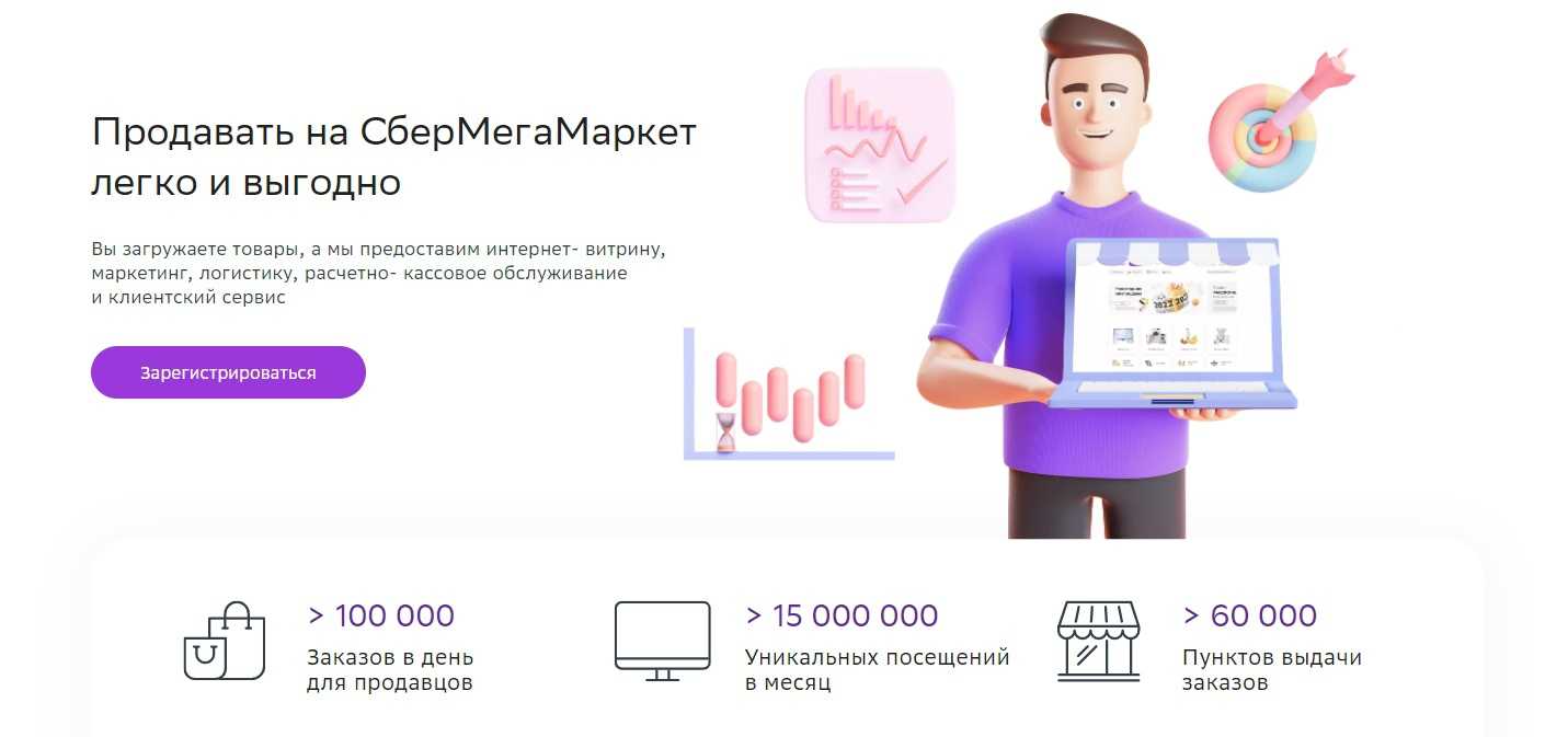 Чтобы начать торговать на СберМегаМаркете, нужно оставить заявку на сайте, подписать оферту, загрузить товары Выбирайте подходящую схему работы, маркетплейс удержит комиссию за выкупленный заказ