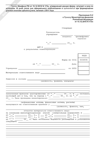 Акт о результатах инвентаризации. форма 0504835