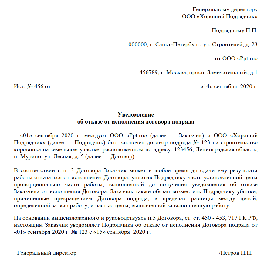 Уведомление о расторжении договора: трудового, аренды, на оказание юр.услуг. образец 2023